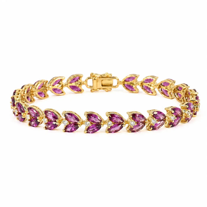 15.4 Ct Marquise Purple Rhodolite Garnet & Multi-Gemstone Prong Gold Plated Silver Leaf Cluster Tennis Bracelet by Fine Color Jewels