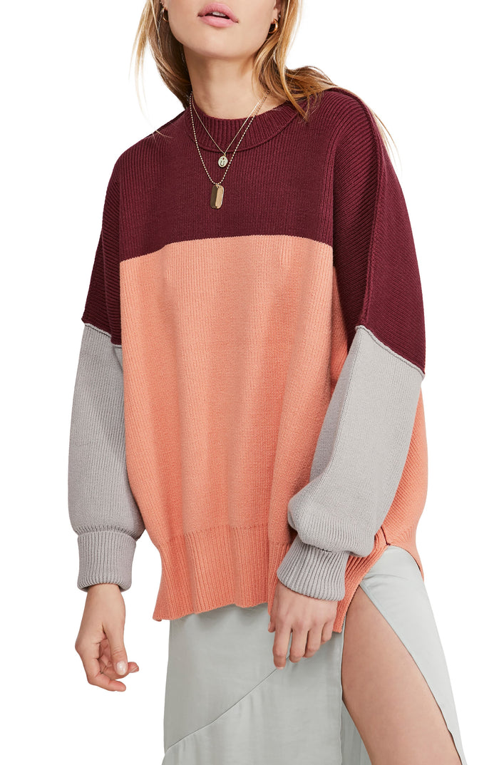 Free People Womens Maroon Color Block Long Sleeve Crew Neck T-Shirt, Size M by Vanessa Jane