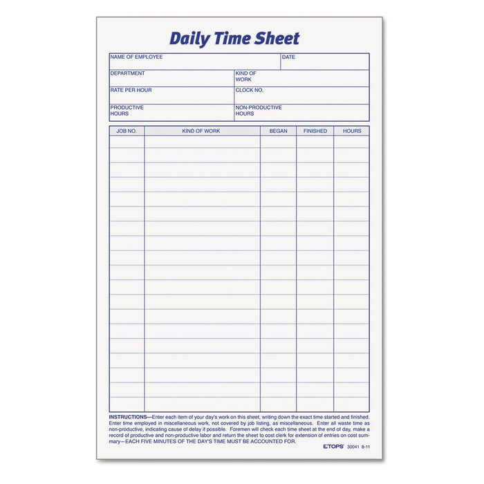 TOPS Daily Time and Job Sheets, 8.5 x 5.5, 1/Page, 200 Forms/Pad, 2 Pads/Pack