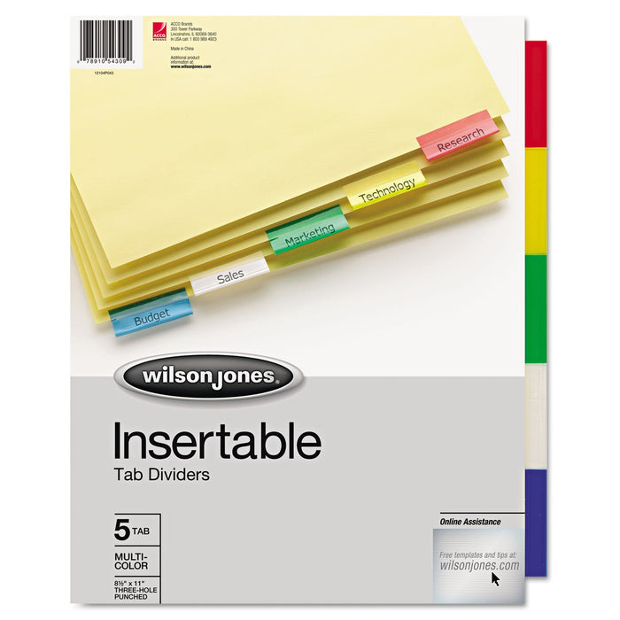 Wilson Jones Insertable Tab Dividers, 3-Hole Punched, 5-Tab, 11 x 8.5, Buff, Assorted Tabs, 1 Set