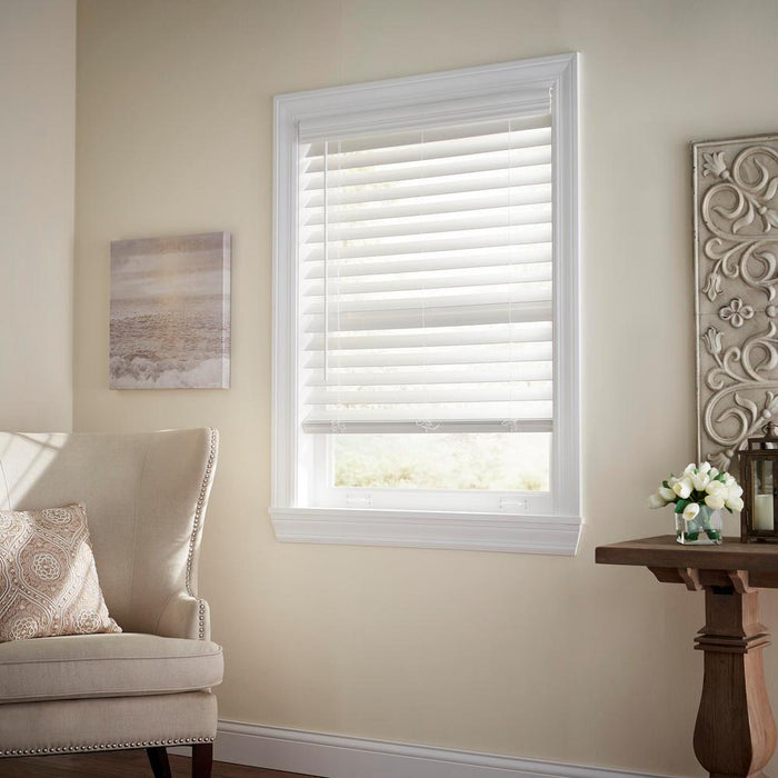 Home Decorators 64in White Cordless Premium Faux Wood 2.5 in Blinds, 24-5/8" by Vanessa Jane
