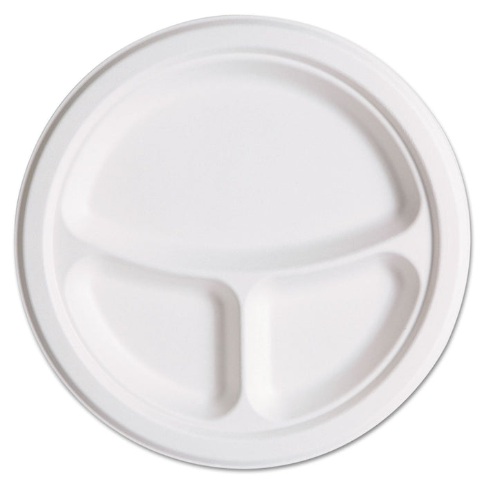 Eco-Products Renewable and Compostable Sugarcane Plates Club Pack, 3-Compartment, 10" dia, Natural White, 50/Pack, 10 Packs/Carton