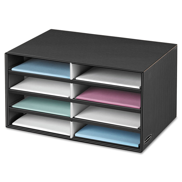 Bankers Box Decorative Sorter, 8 Letter Compartments, 19.5 x 12.38 x 10.25, Black/Gray Pinstripe