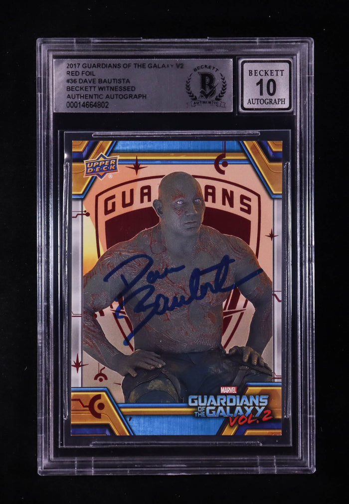 Dave Bautista Signed 2017 Guardians of the Galaxy V2 Red Foil #36 #41/49 (BGS | Auto 10) Autograph Graded 10 | Beckett Witnessed | Serially Numbered #41 / 49 by Price Is Right Miami