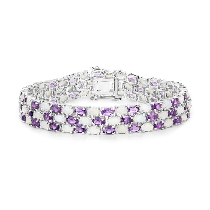 18.68 Cttw Oval White Opal and Purple Amethyst Prong Silver Three Row Tennis Bracelet by Fine Color Jewels