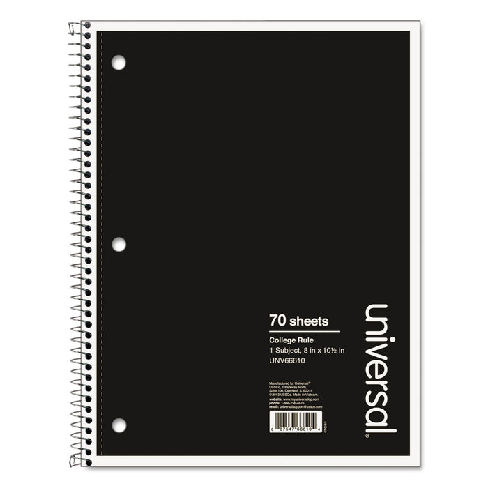 Universal Wirebound Notebook, 1 Subject, Medium/College Rule, Black Cover, 10.5 x 8, 70 Sheets