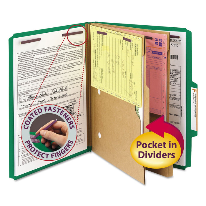 Smead 6-Section Pressboard Top Tab Pocket-Style Classification Folders with SafeSHIELD Fasteners, 2 Dividers, Letter, Green, 10/Box