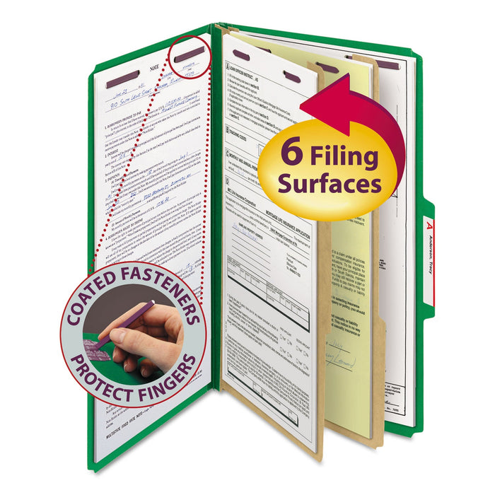 Smead Six-Section Pressboard Top Tab Classification Folders with SafeSHIELD Fasteners, 2 Dividers, Legal Size, Green, 10/Box