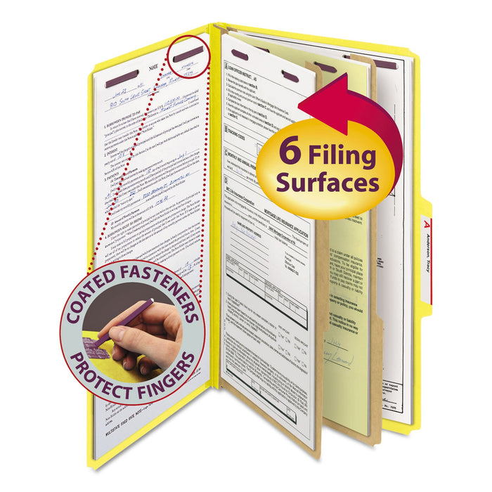 Smead Six-Section Pressboard Top Tab Classification Folders with SafeSHIELD Fasteners, 2 Dividers, Legal Size, Yellow, 10/Box