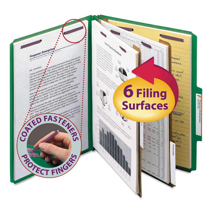 Smead Six-Section Pressboard Top Tab Classification Folders with SafeSHIELD Fasteners, 2 Dividers, Letter Size, Green, 10/Box