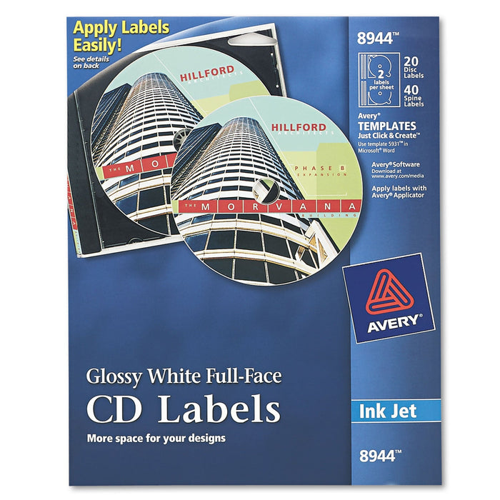 Avery Inkjet Full-Face CD Labels, Glossy White, 20/Pack