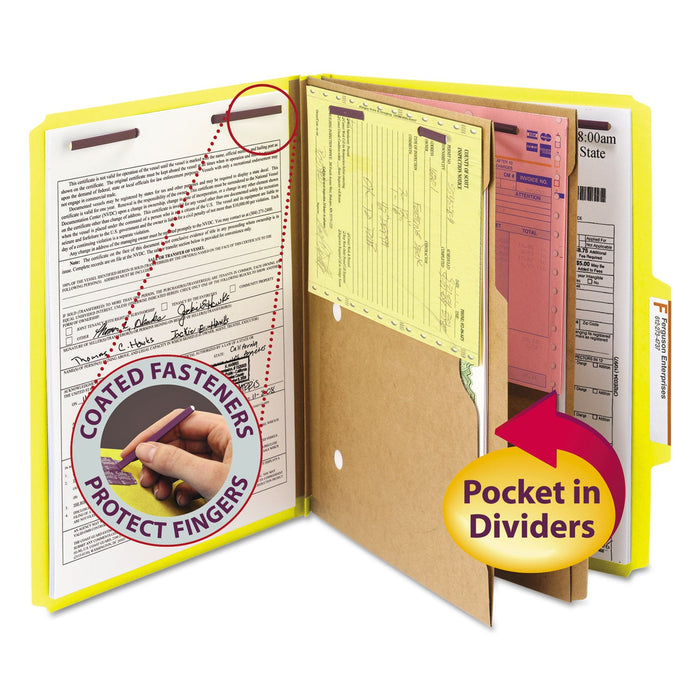 Smead 6-Section Pressboard Top Tab Pocket-Style Classification Folders with SafeSHIELD Fasteners, 2 Dividers, Letter, Yellow, 10/BX