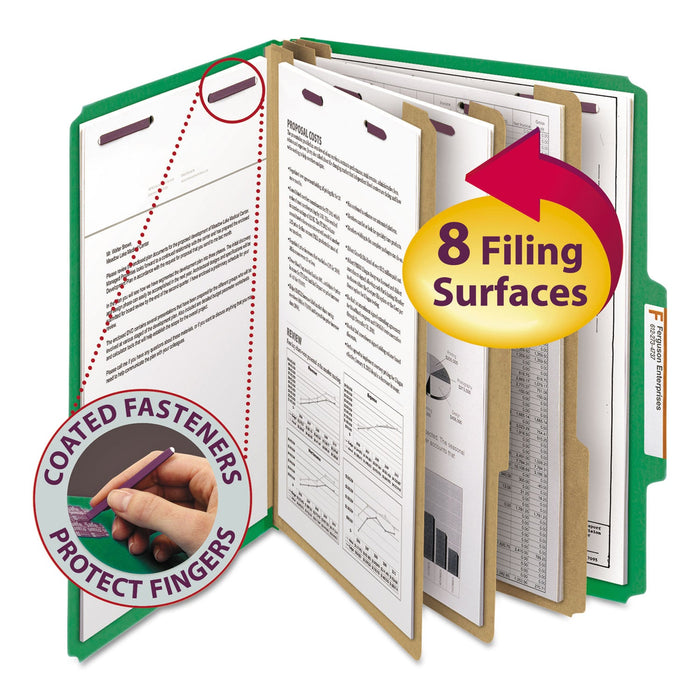 Smead Eight-Section Pressboard Top Tab Classification Folders with SafeSHIELD Fasteners, 3 Dividers, Letter Size, Green, 10/Box