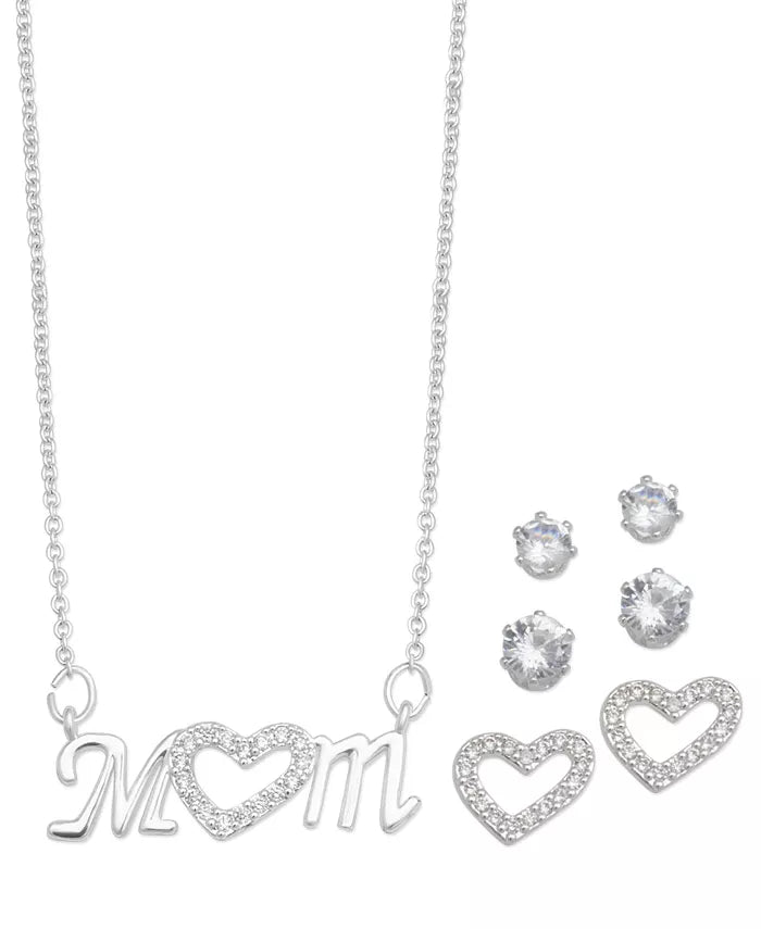 Rh Macys Plated Cubic Zirconia Mom Heart Necklace With Three Piece Earring Se by Vanessa Jane
