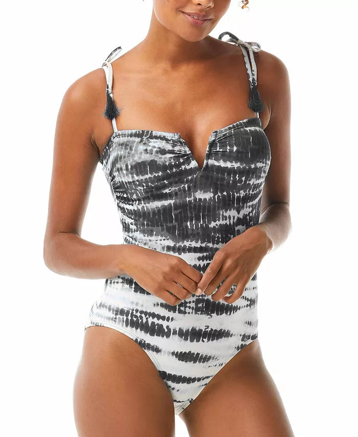Vince Camuto Tie-Dye Tassel Strap V-Notch One-Piece Swimsuit, Size 6 by Vanessa Jane