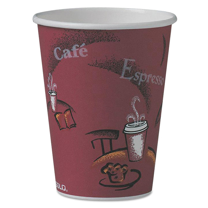 Dart Solo Paper Hot Drink Cups in Bistro Design, 12 oz, Maroon, 50/Pack