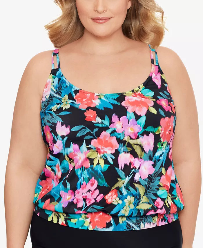 Swim Solutions Plus Size in Living Color Blouson Tankini Top, Size 24W by Vanessa Jane