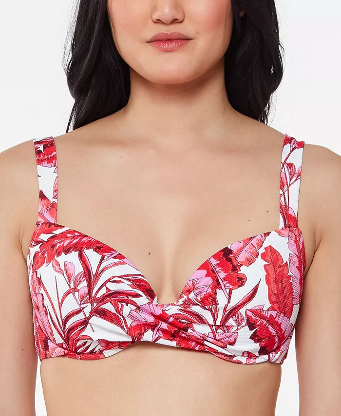 Jessica Simpson Printed Paradiso Palm Twist-Front Bikini Top, Size Small/D by Vanessa Jane