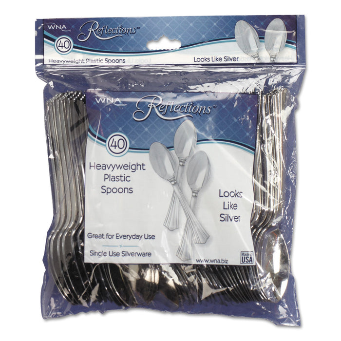 WNA Reflections Heavyweight Plastic Utensils, Spoon, Silver, 6 1/4", 40/Pack