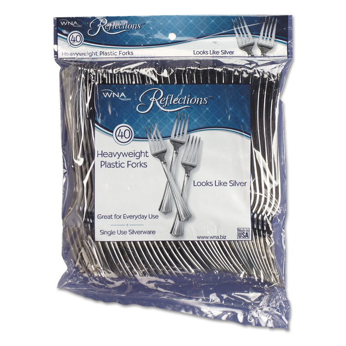 WNA Reflections Heavyweight Plastic Utensils, Fork, Silver, 7", 40/pack