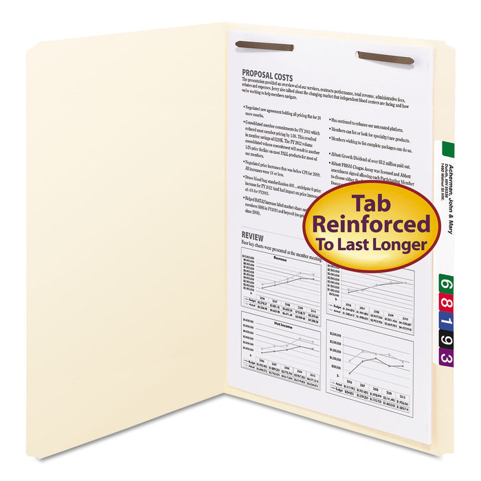 Smead Top Tab Fastener Folders, Straight Tab, 1 Fastener, Legal Size, 11-pt Manila Exterior, 50/Box