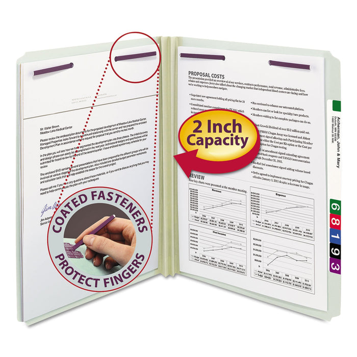 Smead Recycled Pressboard Folders with Two SafeSHIELD Coated Fasteners, 2" Expansion, Straight, Letter Size, Gray-Green, 25/Box