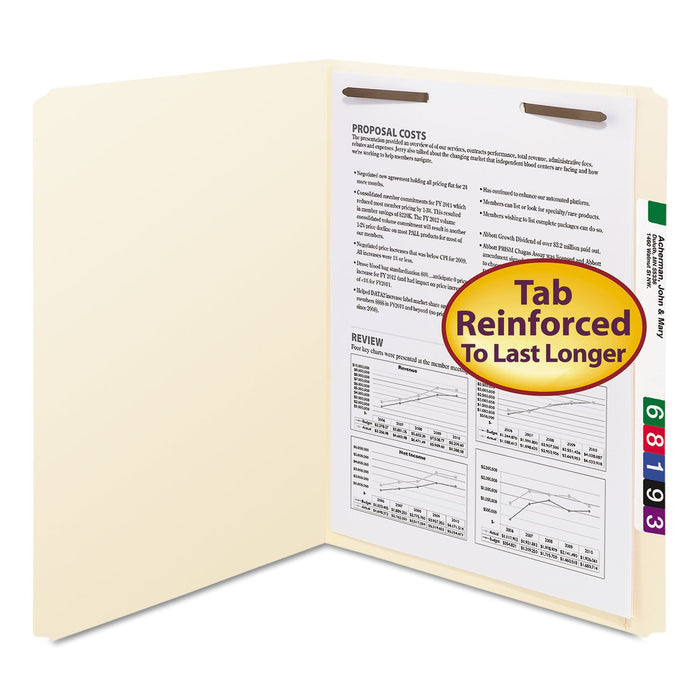 Smead Top Tab Fastener Folders, Straight Tab, 1 Fastener, Letter Size, 11-pt Manila Exterior, 50/Box