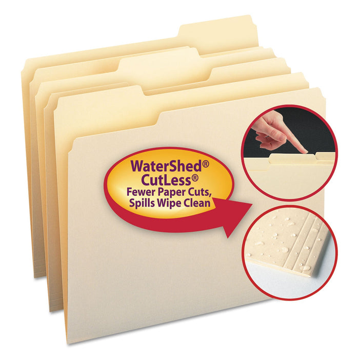 Smead WaterShed/CutLess File Folders, 1/3-Cut Tabs: Assorted, Letter Size, 0.75" Expansion, Manila, 100/Box
