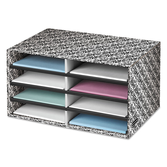 Bankers Box Decorative Sorter, 8 Letter Compartments, 19.5 x 12.38 x 10.25, Black/White Brocade