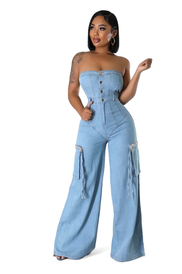 Denim Jean Sleeveless Cargo Jumpsuit by The House of Stylez