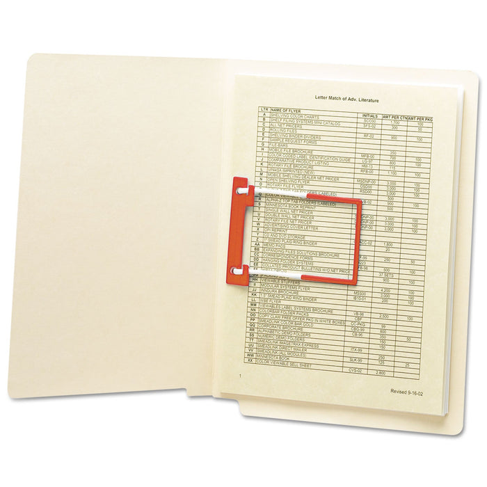 Smead U-Clip Bonded Fasteners, 2" Capacity, 2.75" Center to Center, Red/White, 100/Box