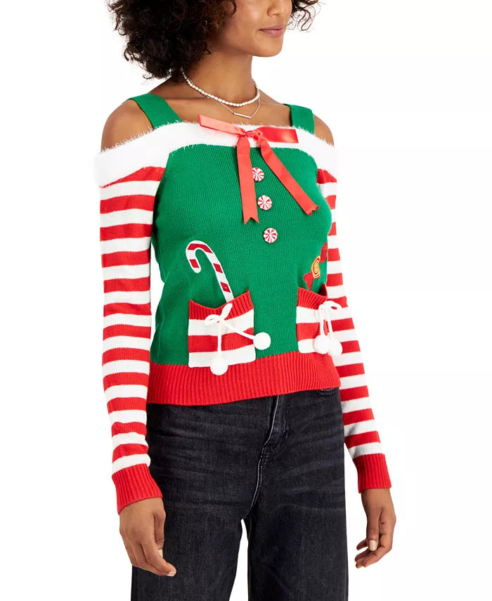 Planet Gold Juniors Cold-Shoulder Holiday Sweater by Vanessa Jane