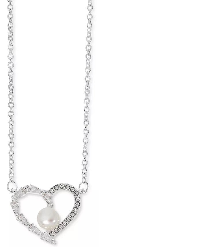 Rh Macy Cubic Zirconia and Imitation Pearl Heart Pendant Necklace by Vanessa Jane