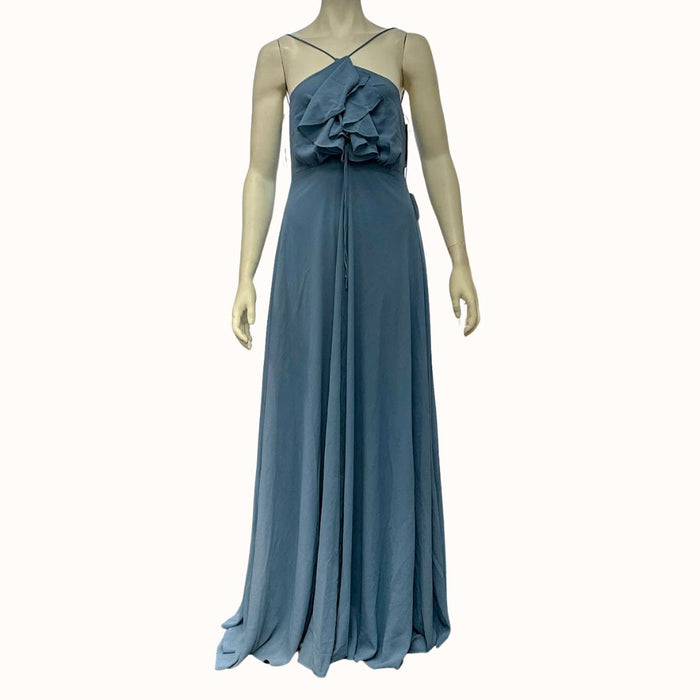 Lulus Meridith Slate Blue Ruffled Lace-Up Maxi Dress, Size Medium by Vanessa Jane