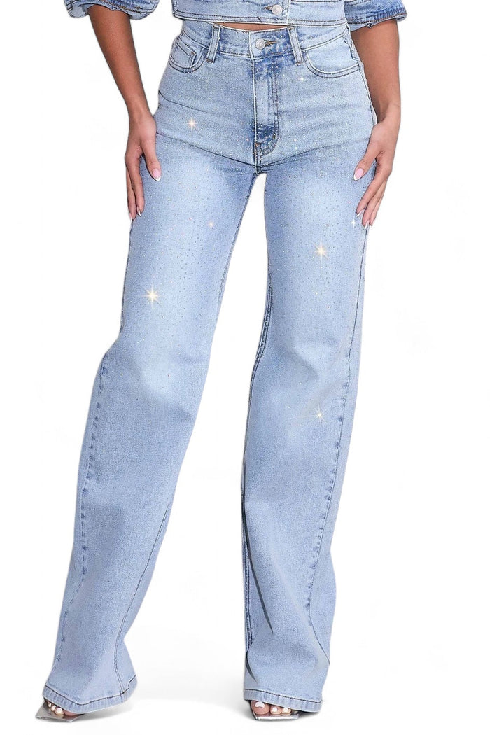 Iridescent High-Rise Rhinestone Wide Leg Jeans by The House of Stylez