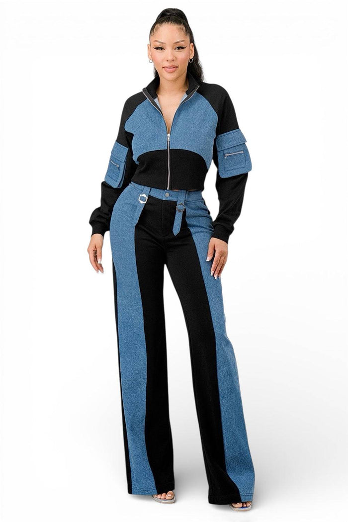 Mixed Material Denim Zip Up Crop Jacket Pants Set by The House of Stylez