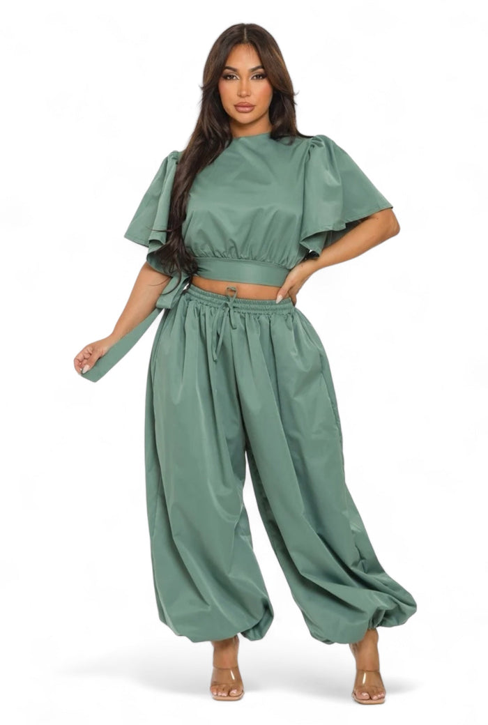 Ruffle Short Sleeve Crop Top & Jogger Pants Set by The House of Stylez