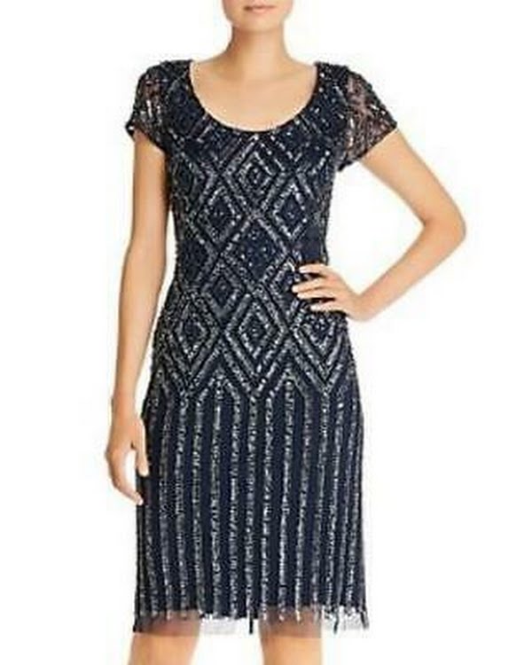 Adrianna Papell Womens Beaded Sheath Cocktail Dress-Navy/Size 2 by Vanessa Jane