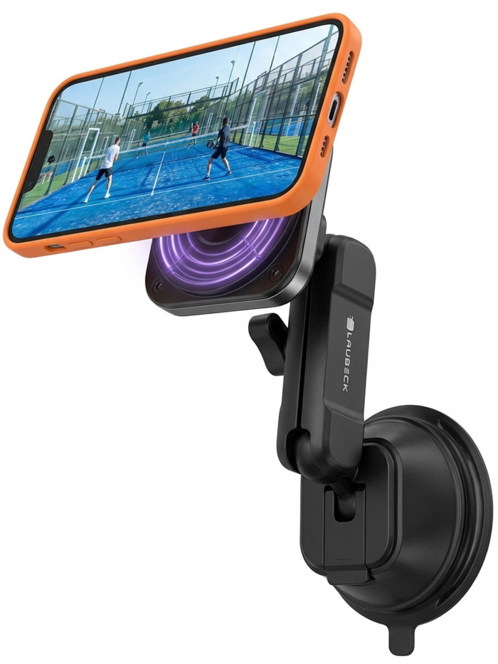 Padel Phone Holder for Glass Courts – MagSafe Compatible with Double Suction Cup & Aluminum Arm by BLAUBECK
