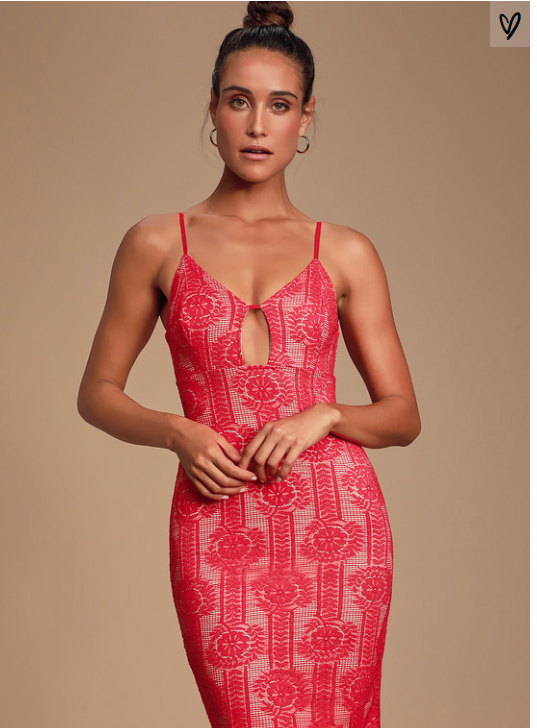 Lulus Avianna Red and Nude Lace Bodycon Dress, Size Medium by Vanessa Jane