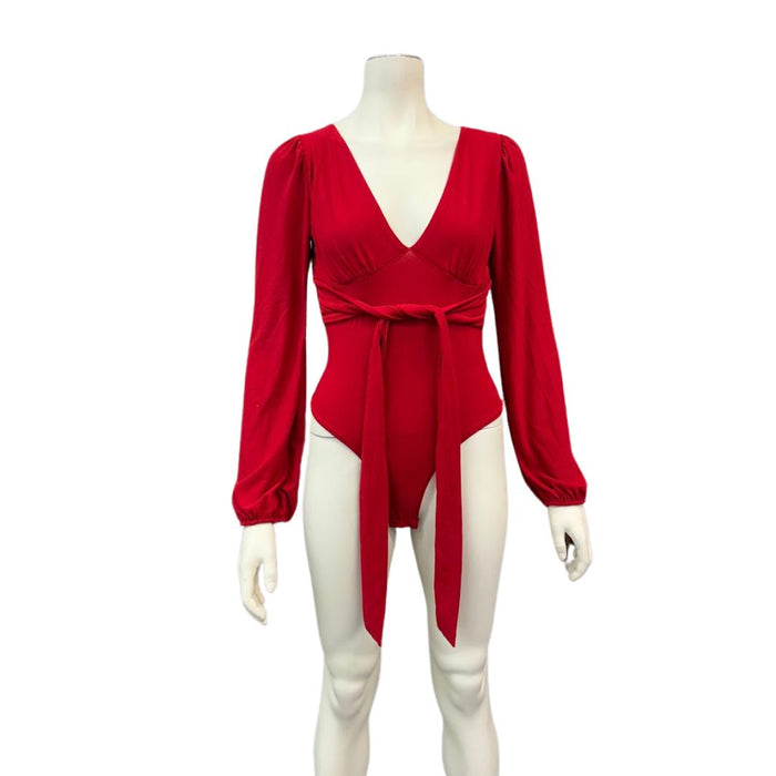 Lulus Feeling Feisty Red Long Sleeve Tie-Back Bodysuit, Size M by Vanessa Jane
