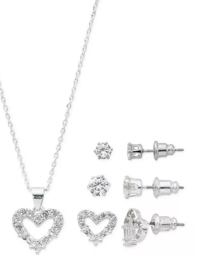 Macys Fine Silver Plate Cubic Zirconia Heart Necklace and Stud Earrings by Vanessa Jane