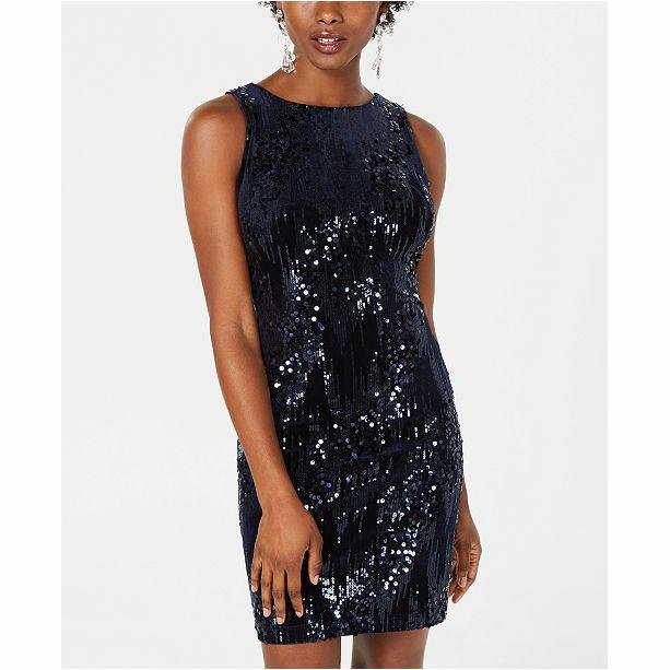 Emerald Sundae Juniors' Velvet Sequined Bodycon Dress Navy, Size Medium by Vanessa Jane