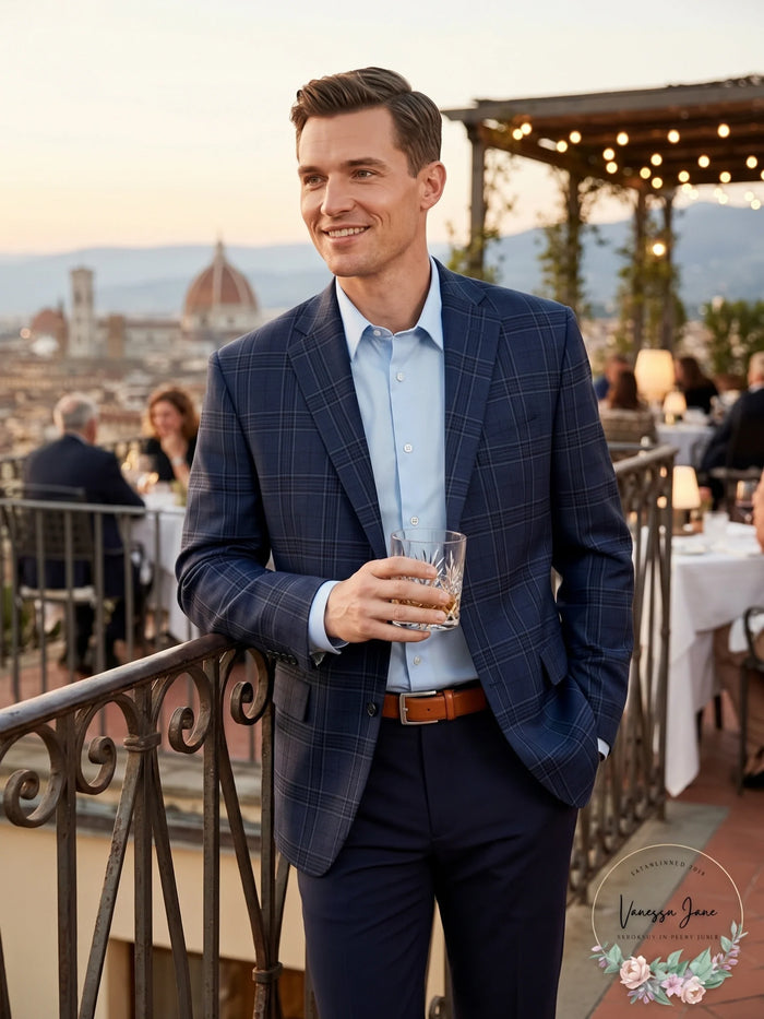 Michael Kors Mens Classic-Fit Airsoft Stretch Teal Plaid Suit Jacket, Size 38S by Vanessa Jane