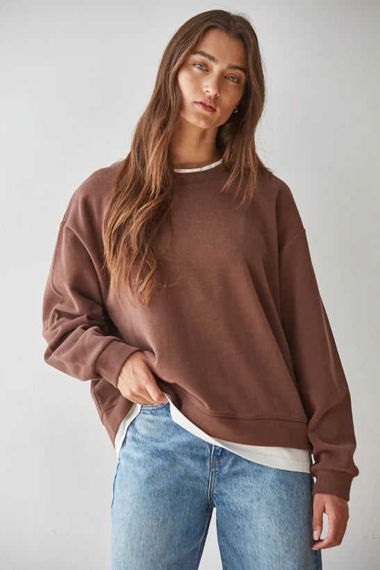 Always On Crew Twofer Pullover Knit: Chocolate by Boutique 23