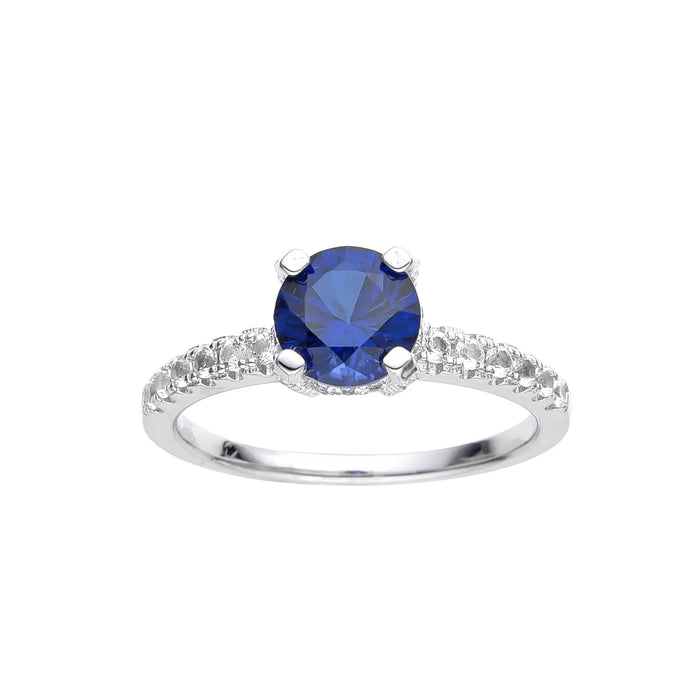 2.00 Ct Round Lab Created Blue Sapphire Prong Silver Pave-set Ring by Fine Color Jewels