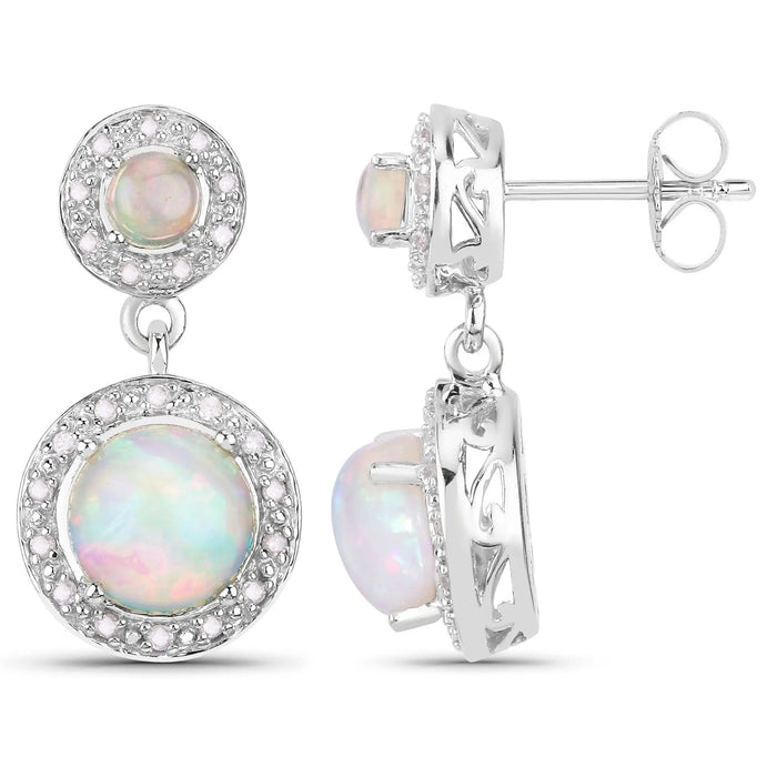 2.02 Ct Round White Ethiopian Opal & Diamond Prong Silver Halo Dangle Earrings by Fine Color Jewels