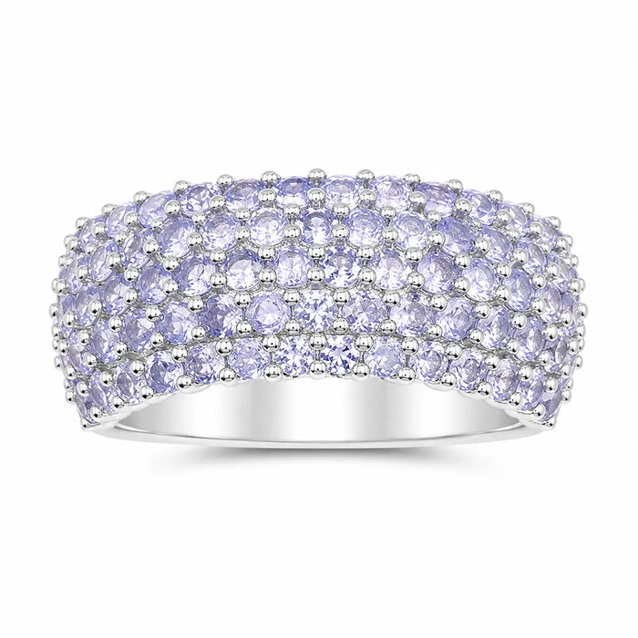 2.07 Ct Round Violet Tanzanite Prong Silver Pave Multi-Row Band Cluster Ring by Fine Color Jewels