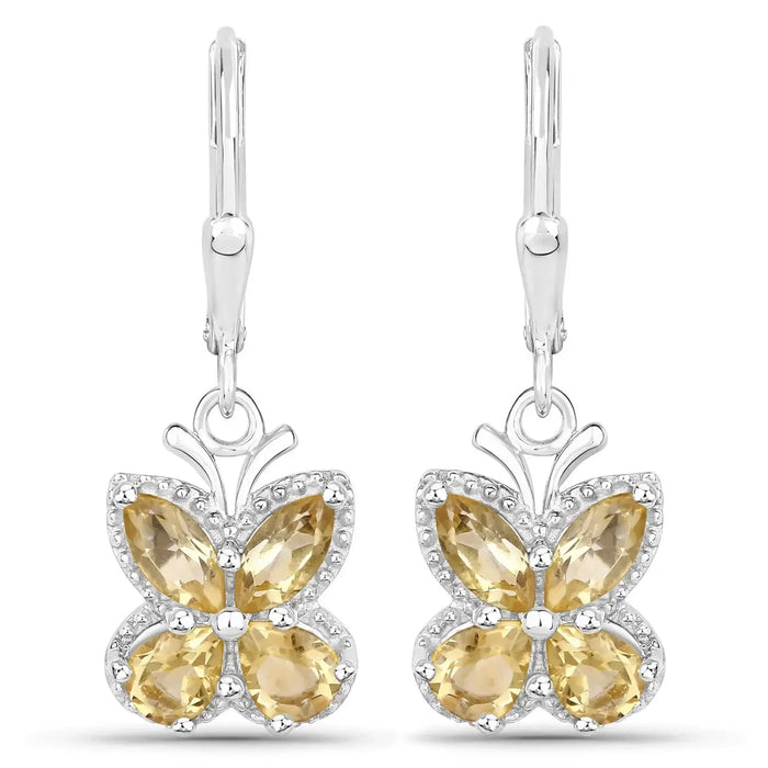 2.16 Ct Yellow Citrine Prong Silver Butterfly Leverback Earrings by Fine Color Jewels