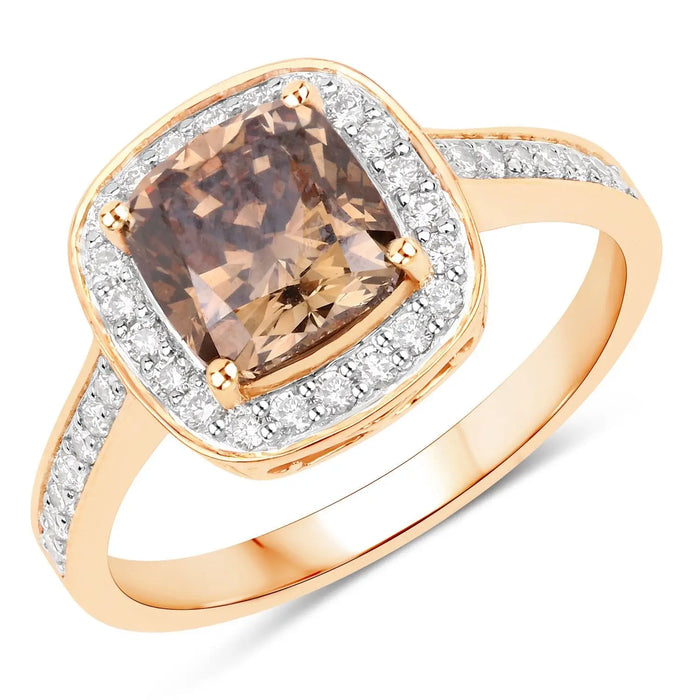2.19 Ct Genuine Brown Diamond 18K Yellow Gold Halo Pave Cushion Ring by Fine Color Jewels